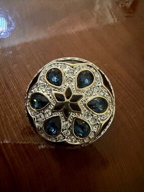 Gold-Tone Blue Crystal Floral Brooch